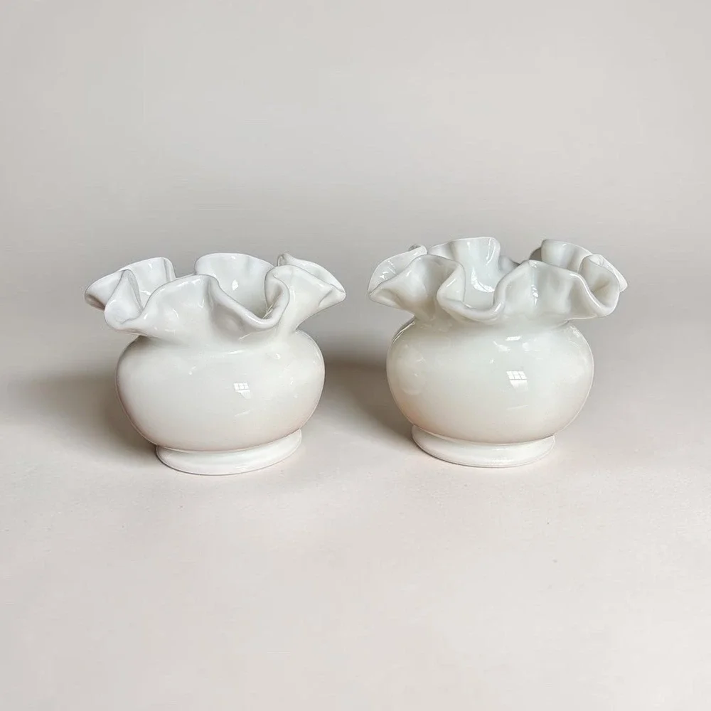 Pair Of 2 Vintage Fenton White Milk Glass Double Crimp Ruffled Rose Bowl Vase